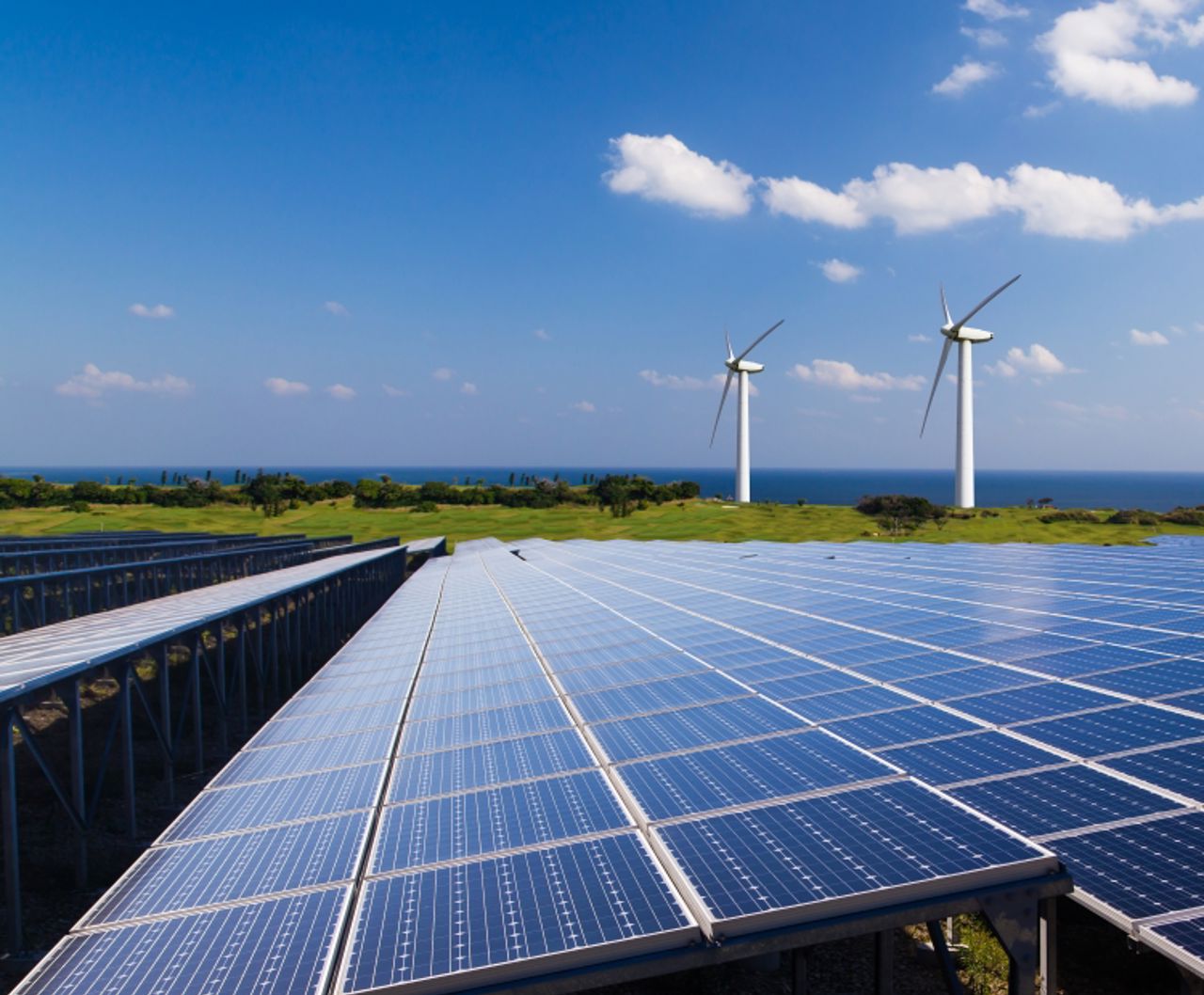 Solar panels and wind turbines